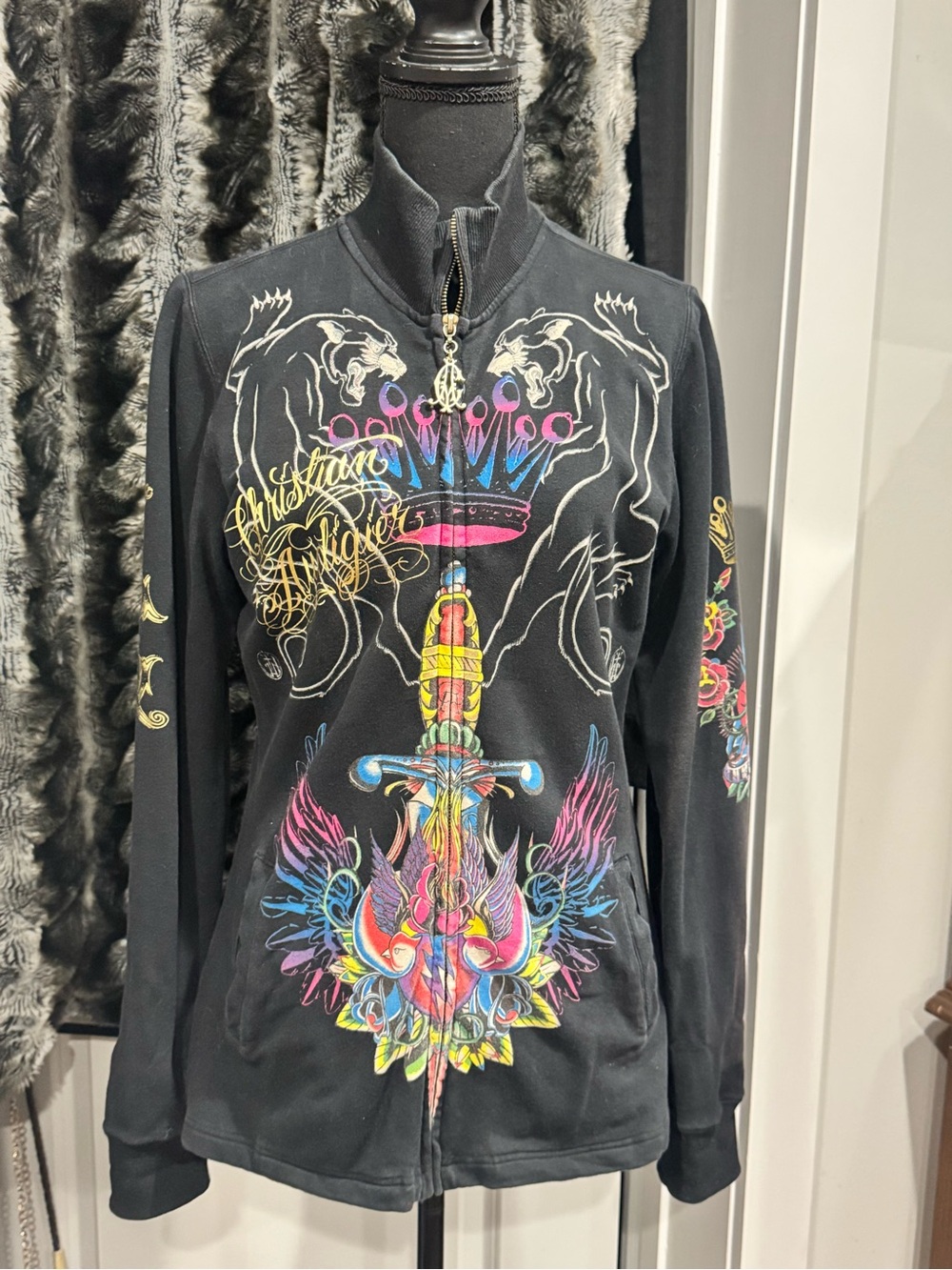 Ed Hardy Black Zip-Up Bomber Jacket with Multicolor Sword & Crown Art
